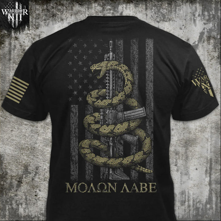 Front & back black t-shirt with the words 'Molon Labe,' meaning "Come and Take," and a coiled rattlesnake ready to defend an AR-15 printed on the shirt.