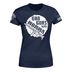 "God, Guns, and Momma" is printed on a Navy blue t-shirt with the main design printed on the the front and the back of this t-shirt has no printing. This shirt features our brand logo on the right sleeve and the American Flag on the left sleeve.