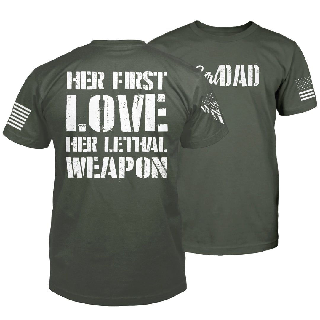 "Her Love, Her Weapon" is printed on a Green t-shirt with the main design printed on the back and a small print on the front left chest.  This shirt features our brand logo on the right sleeve and the American Flag on the left sleeve.