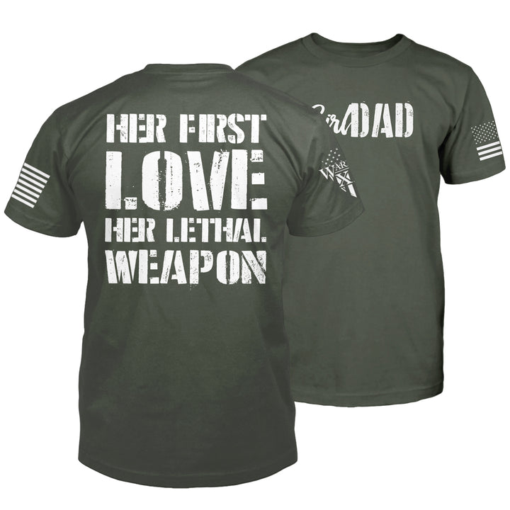 "Her Love, Her Weapon" is printed on a Green t-shirt with the main design printed on the back and a small print on the front left chest.  This shirt features our brand logo on the right sleeve and the American Flag on the left sleeve.