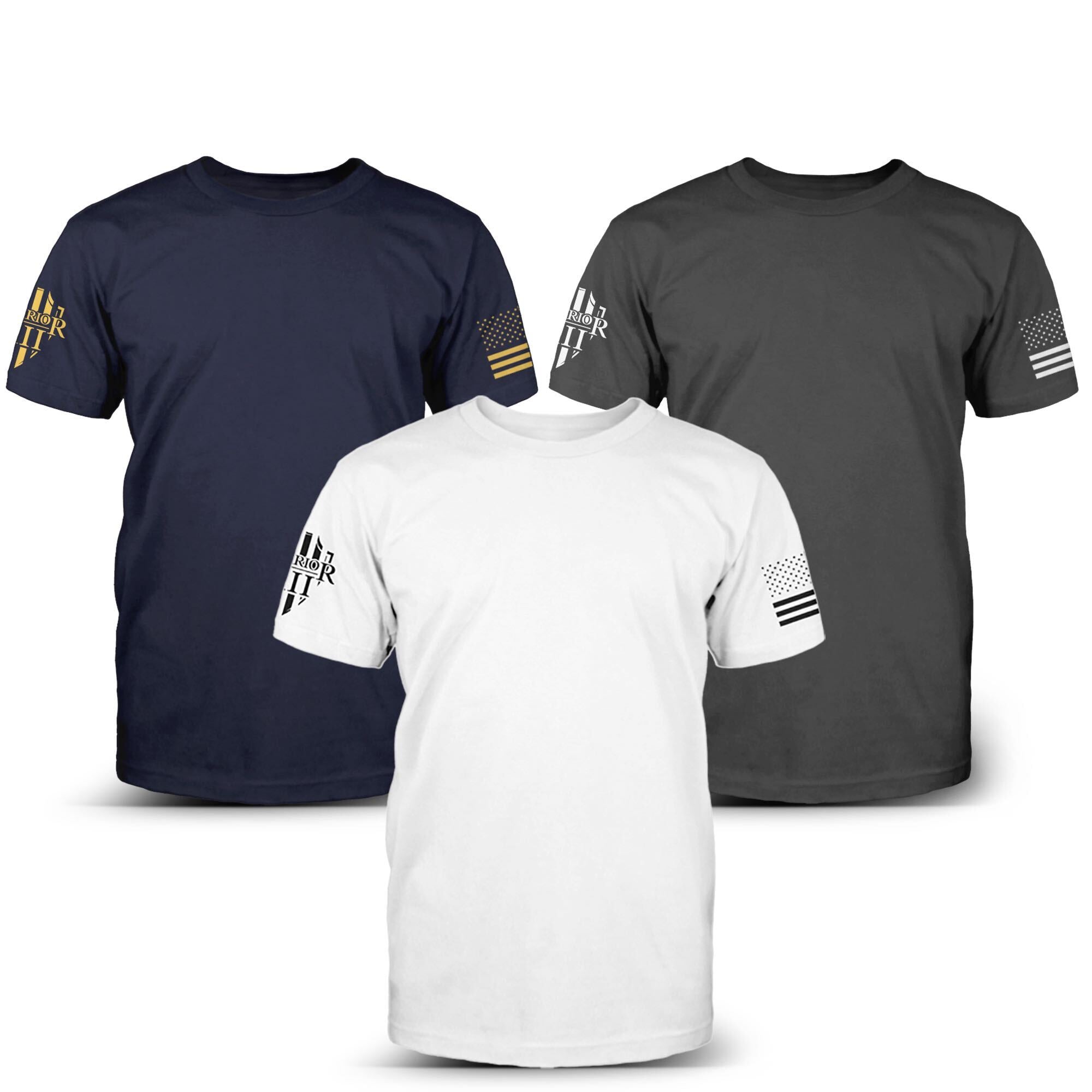 Navy, White, and Asphalt Grey 100% cotton t-shirts with the Warrior 12 logo and an American Flag on the sleeves.