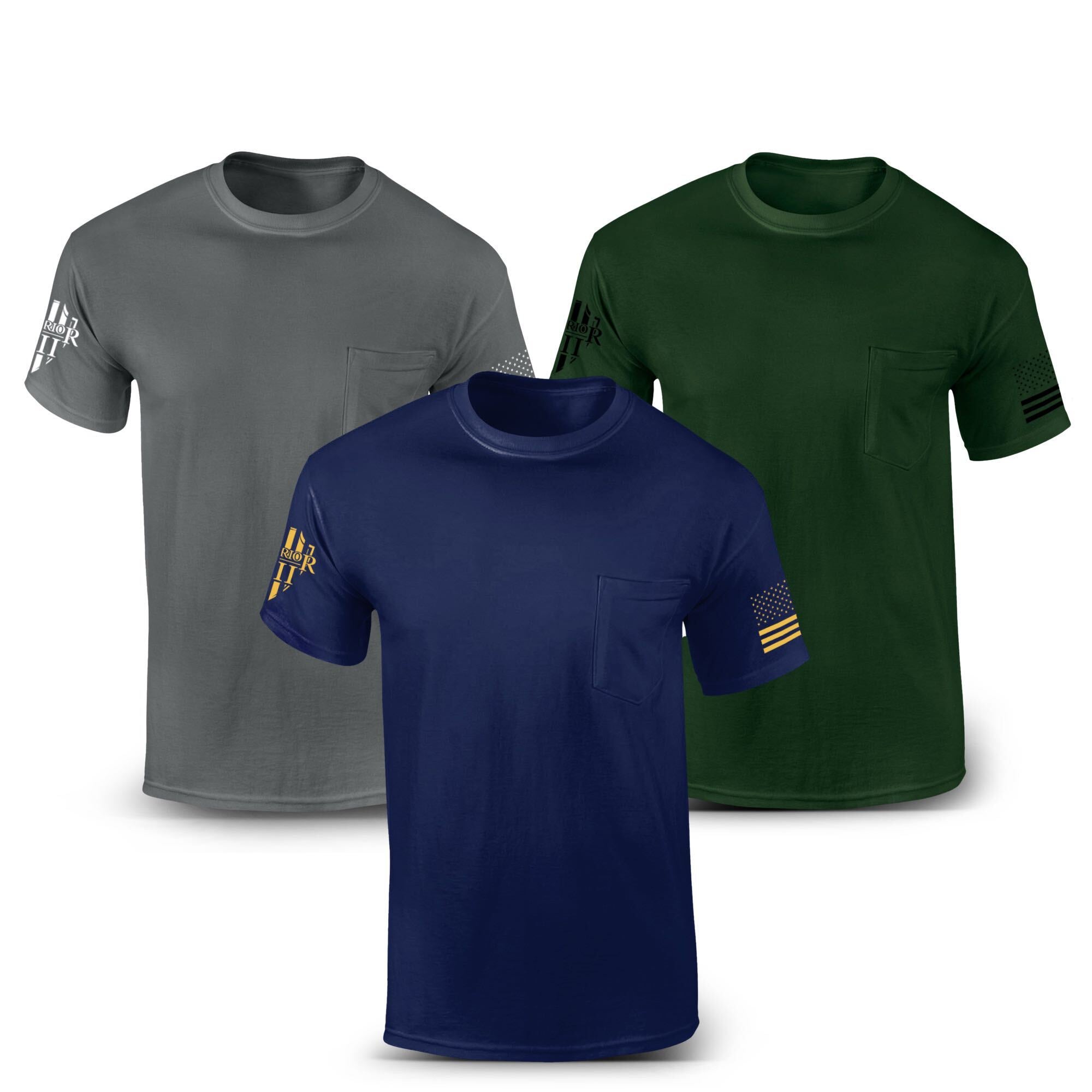 Grey, Navy, and Hunter Green pocket t-shirts with the Warrior 12 logo and American Flag on the sleeves.
