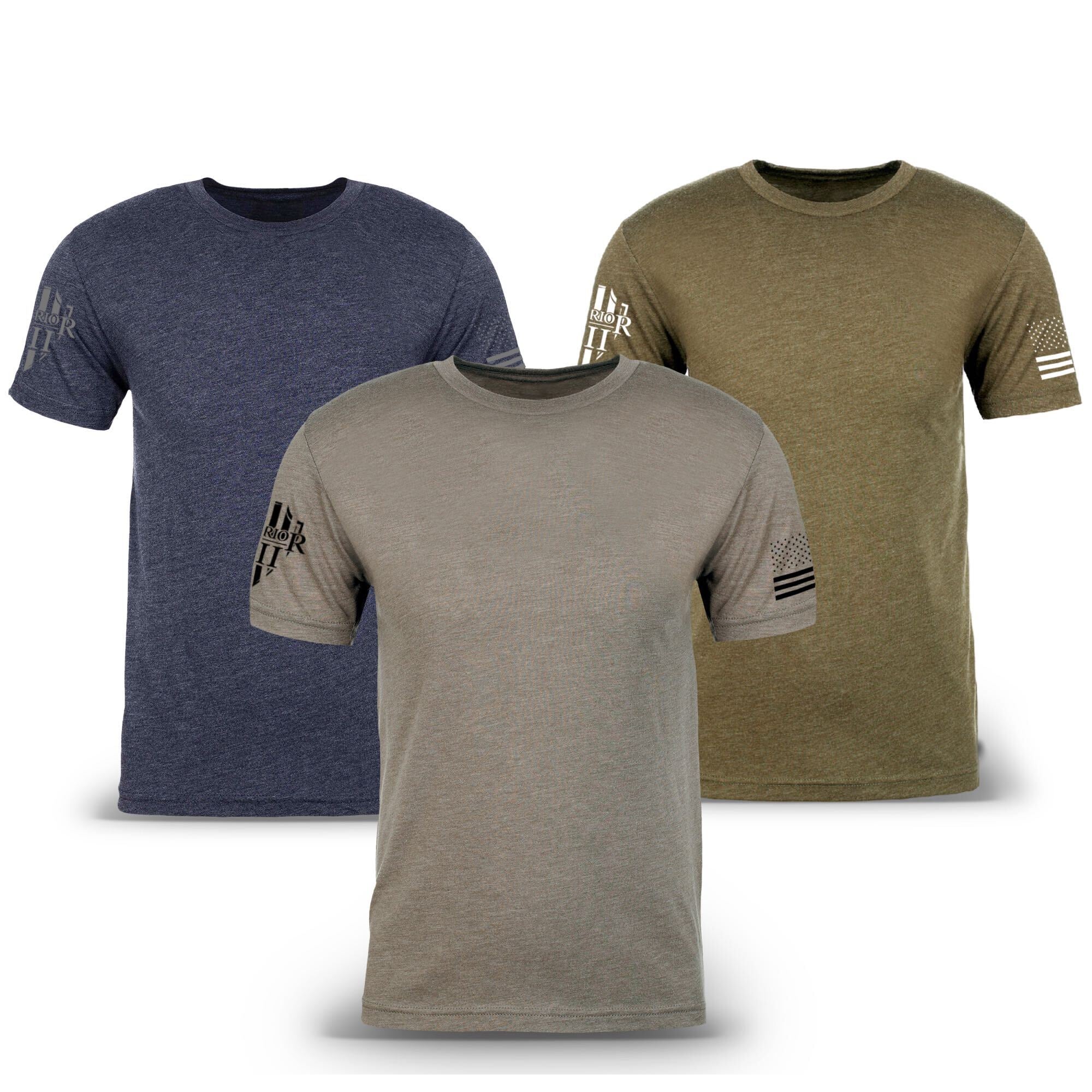 Vintage Navy, Military Green, and Vintage Grey triblend t-shirts with the Warrior 12 logo and American Flag on the sleeves.