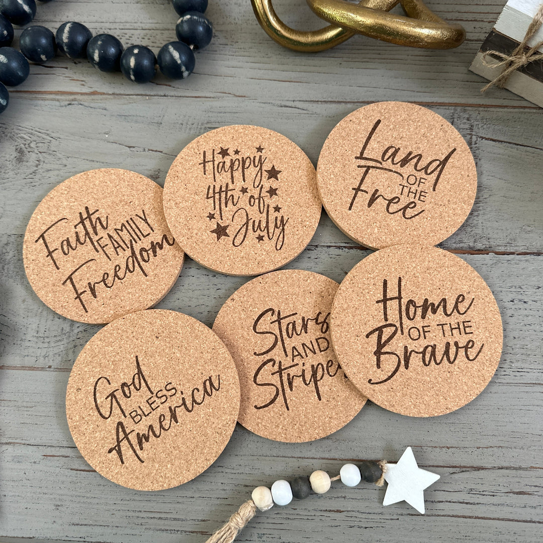 4 of July Holiday Cork Coasters, Holiday D??cor, Independence Day, God Bless America, Pack of 12 Coasters