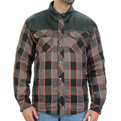 Hot Leathers JKM3202 Men's Motorcycle style Grey Black and Orange Kevlar Reinforced Leather and Plaid Flannel Biker Shirt