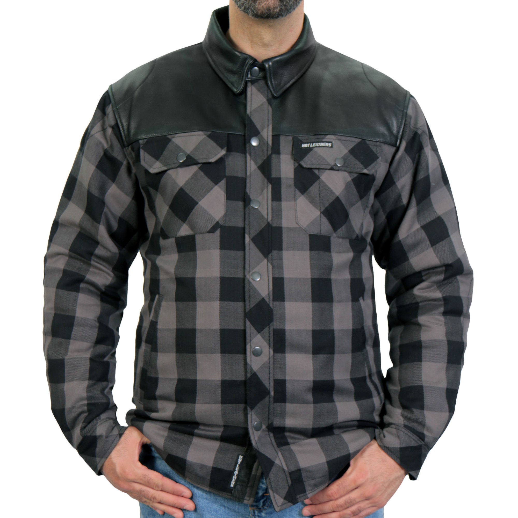 Hot Leathers JKM3203 Men's Motorcycle style Grey and Black Kevlar Reinforced Leather and Plaid Flannel Biker Shirt