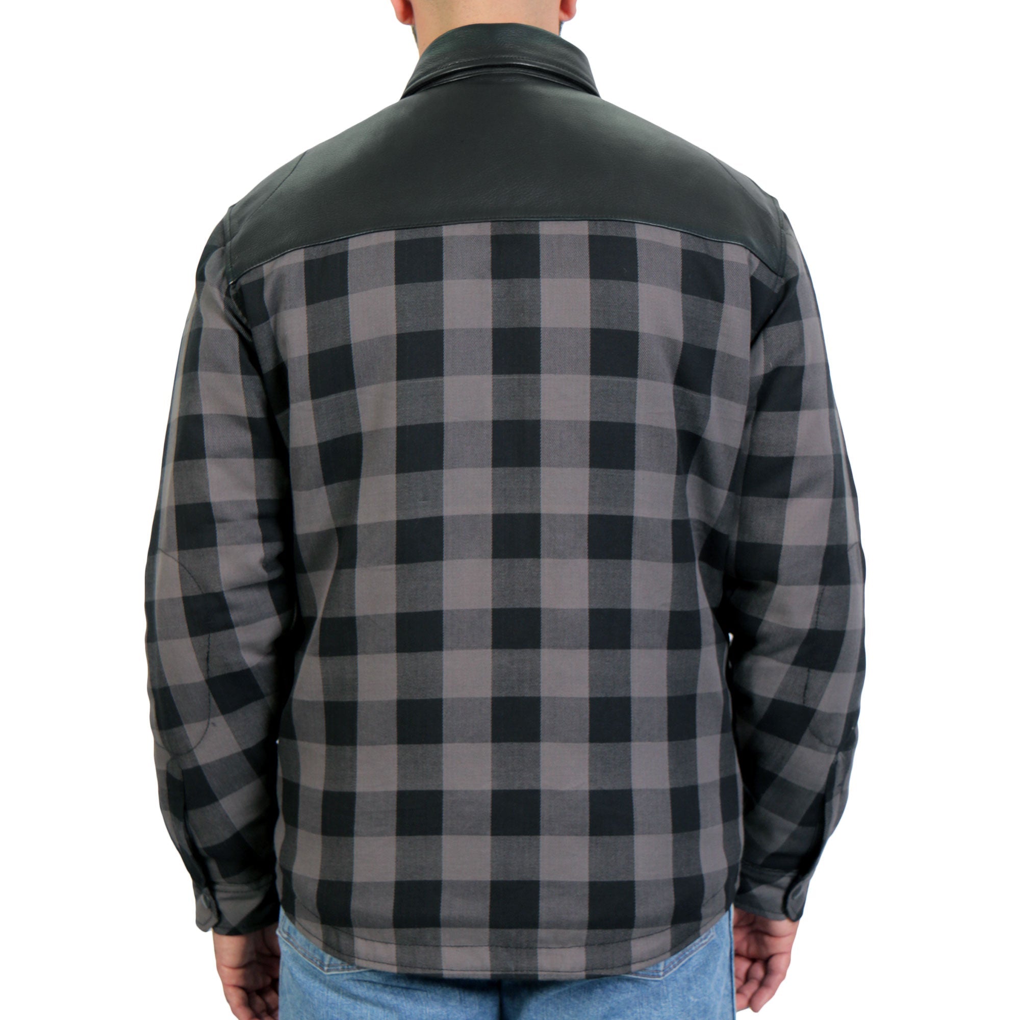 Hot Leathers JKM3203 Men's Motorcycle style Grey and Black Kevlar Reinforced Leather and Plaid Flannel Biker Shirt