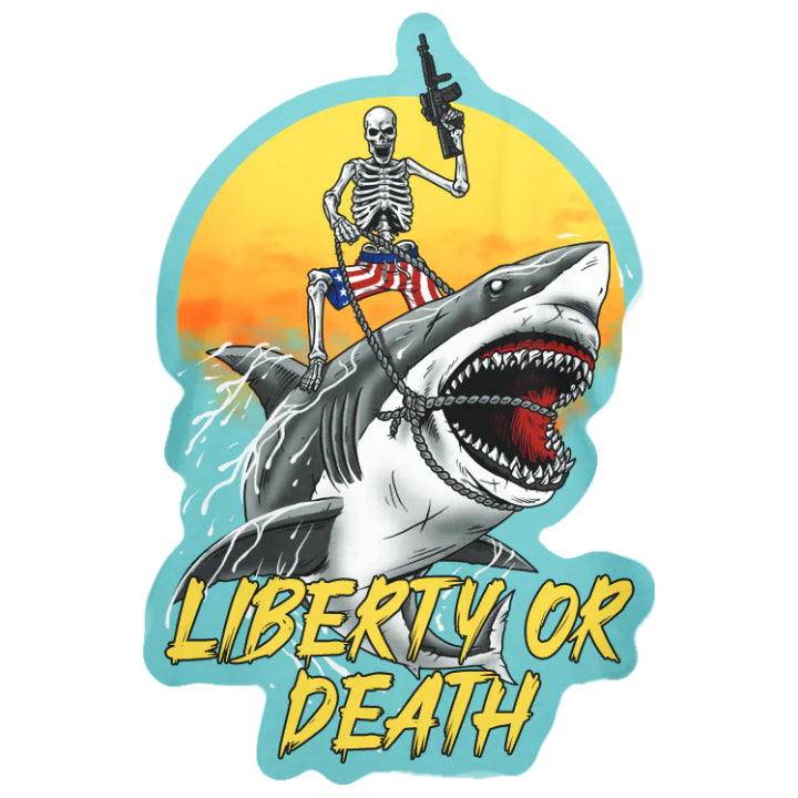 A decal featuring a great white shark captured by a skeleton wearing shorts with US Flag design 