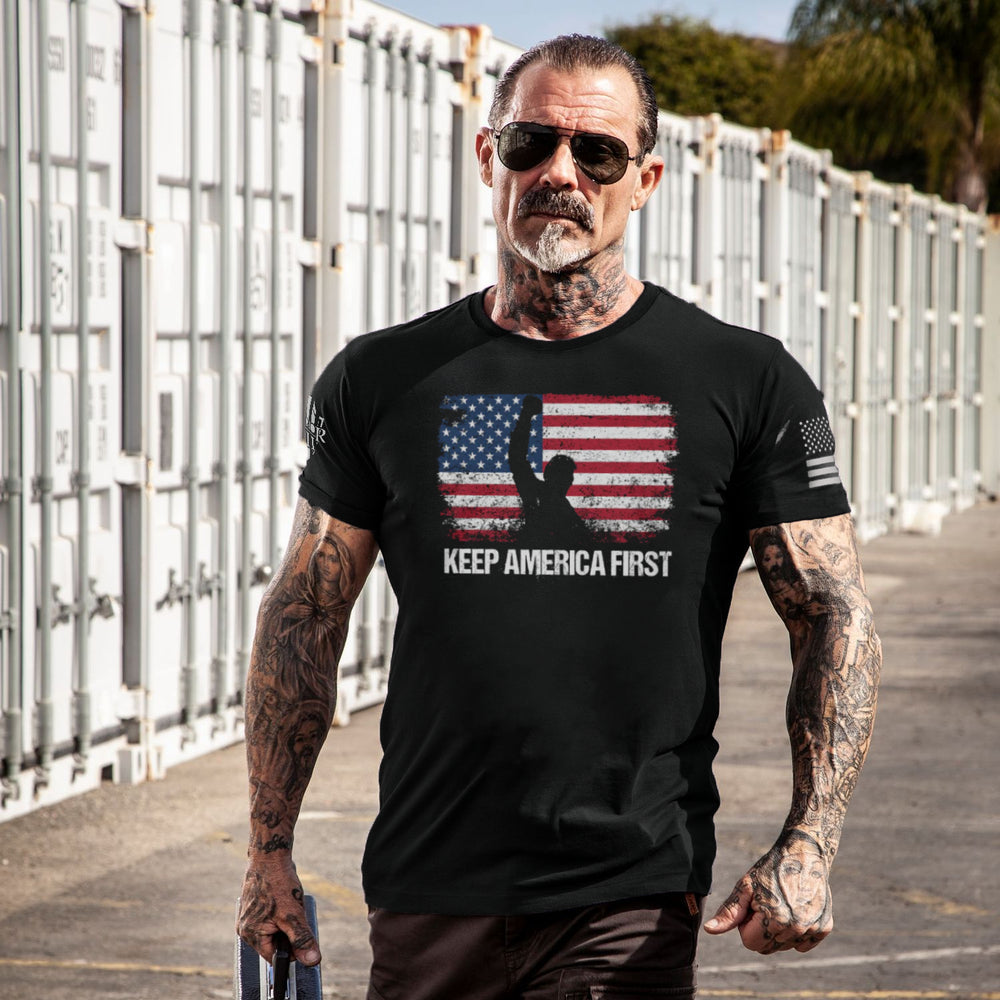 Happy customer showing off his Keep America First t-shirt.