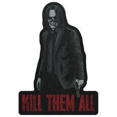 A decal featuring a skeletal man wearing black suit while bringing gun