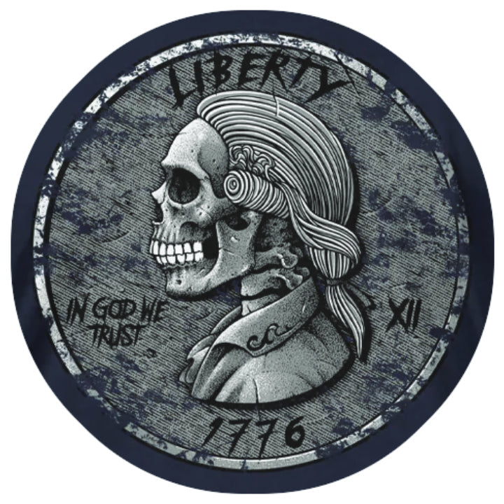 A decal featuring a skeletal George Washington in a coin
