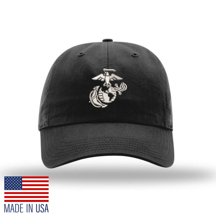 Eagle Globe & Anchor Unstructured USMC Hat with 3D embroidery- Black Hat w/ Grey