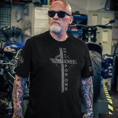 A true warrior sporting our new Only Kneel For One 2.0 T-shirt.