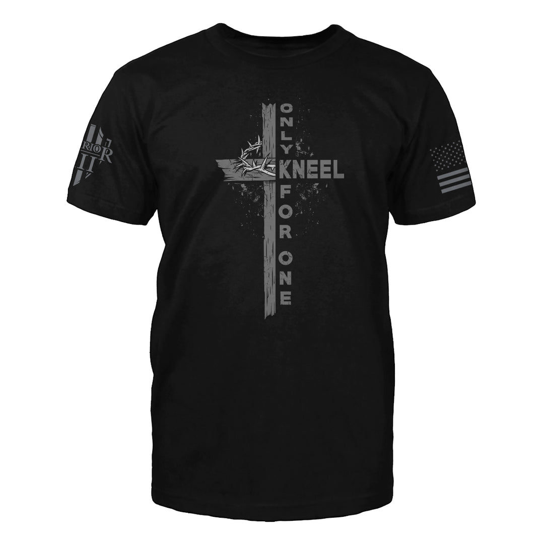 "Only Kneel For One 2.0" is printed on a Black t-shirt with the main design printed on the the front and the back of this t-shirt has no printing. This shirt features our brand logo on the right sleeve and the American Flag on the left sleeve.