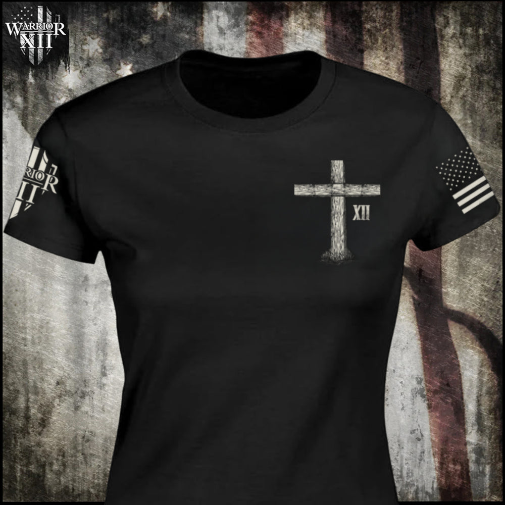 Front & back black t-shirt with the words "Remember those who have gone before us, and thank God that such men lived" with a cross holding a helmet and American flag printed on the shirt.