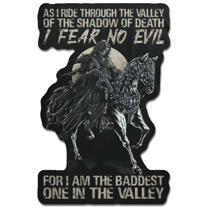 A decal featuring Shadow of Death riding a horse with the words "Ride Through The Valley"