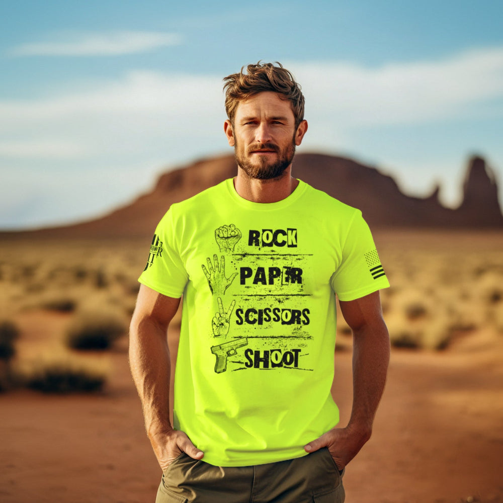 Happy customer showing off his Rock, Paper, Scissors, Shoot Hi Vis Yellow t-shirt