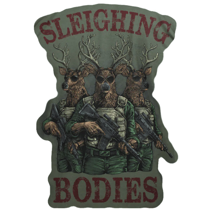 A decal featuring a reindeer wearing bullet proof vest with a sniper gun