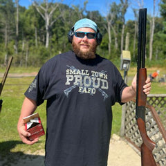 Verified Warrior enjoying a day out doors at the range while representing our Small Town Proud t-shirt.