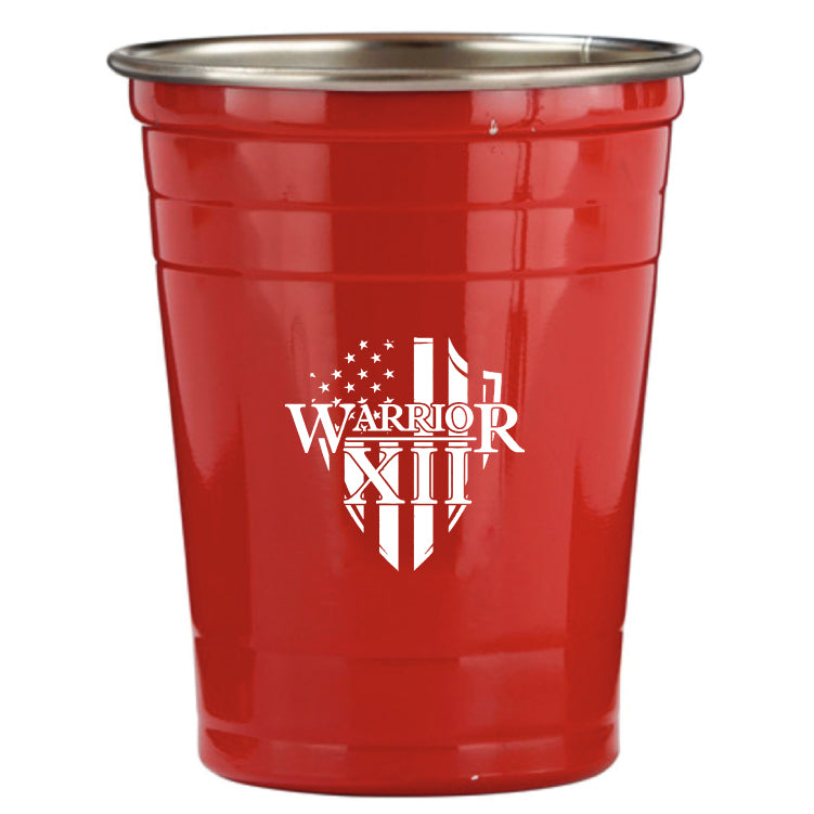 16oz stainless steel party cup with Warrior 12 logo