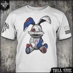 "Stitched Bunny - Tall Size" is printed on a white t-shirt with the main design printed on the the front and the back of this t-shirt has no printing. This shirt features our brand logo on the right sleeve and the American Flag on the left sleeve.