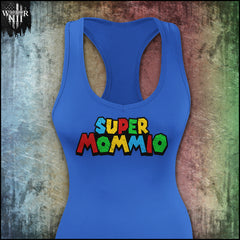 "Super mommio " is printed on a Blue t-shirt with the main design printed on the the front and the back of this t-shirt has no printing.