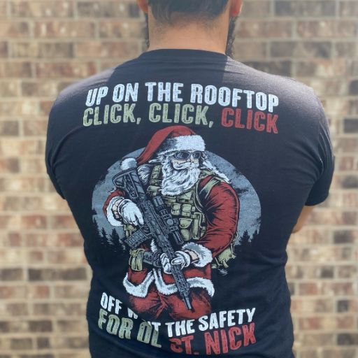 Verified Warrior representing his new Tactical Santa t-shirt.