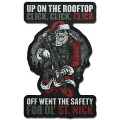 A decal featuring Santa Clause with Gun with the word "Tactical Santa"