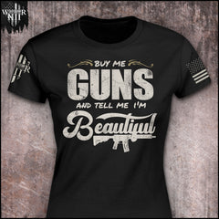 "Tell Me I'm Beautiful" is printed on a black t-shirt with the main design printed on the front and the back of this t-shirt has no printing. This shirt features our brand logo on the right sleeve and the American Flag on the left sleeve.