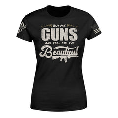 "Tell Me I'm Beautiful" is printed on a black t-shirt with the main design printed on the front and the back of this t-shirt has no printing. This shirt features our brand logo on the right sleeve and the American Flag on the left sleeve.