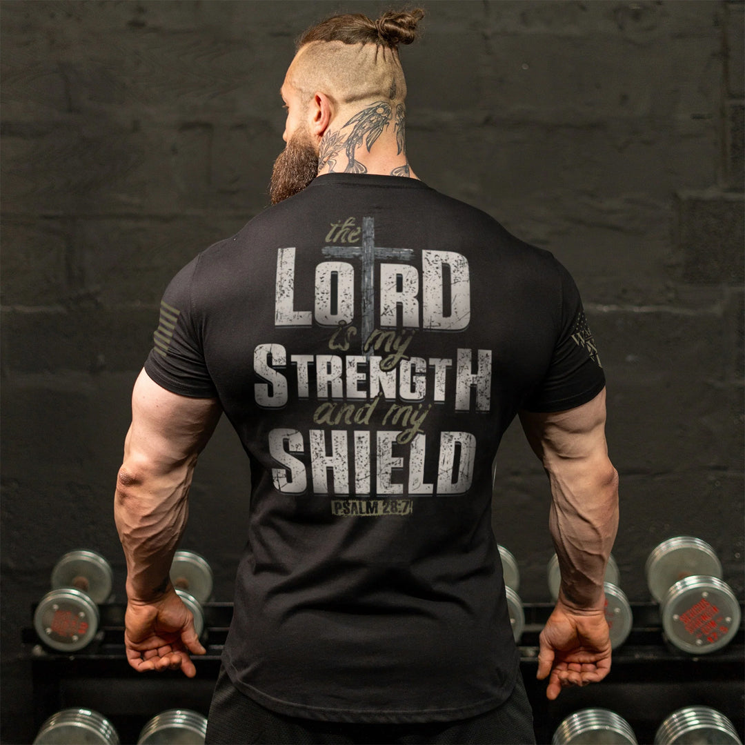 Happy customer showing off his The Lord is My Strength t-shirt.