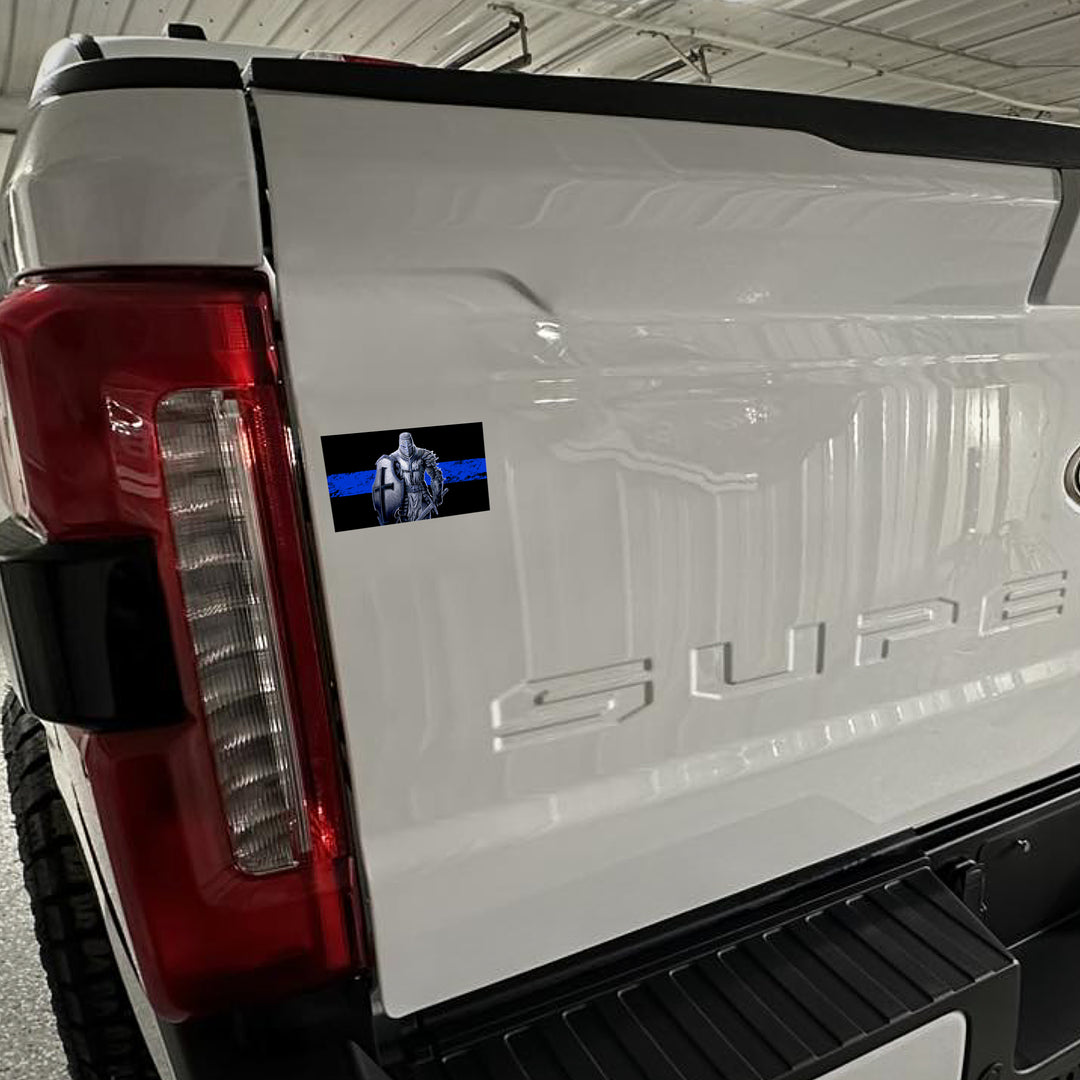 Thin Blue Line Crusader Magnet on a truck