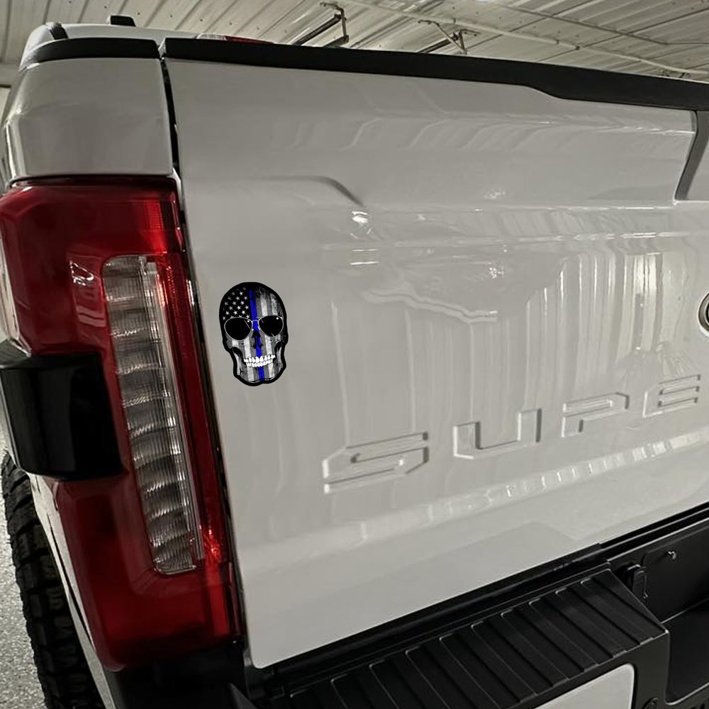 Thin Blue Line Flag Skull Magnet on a truck