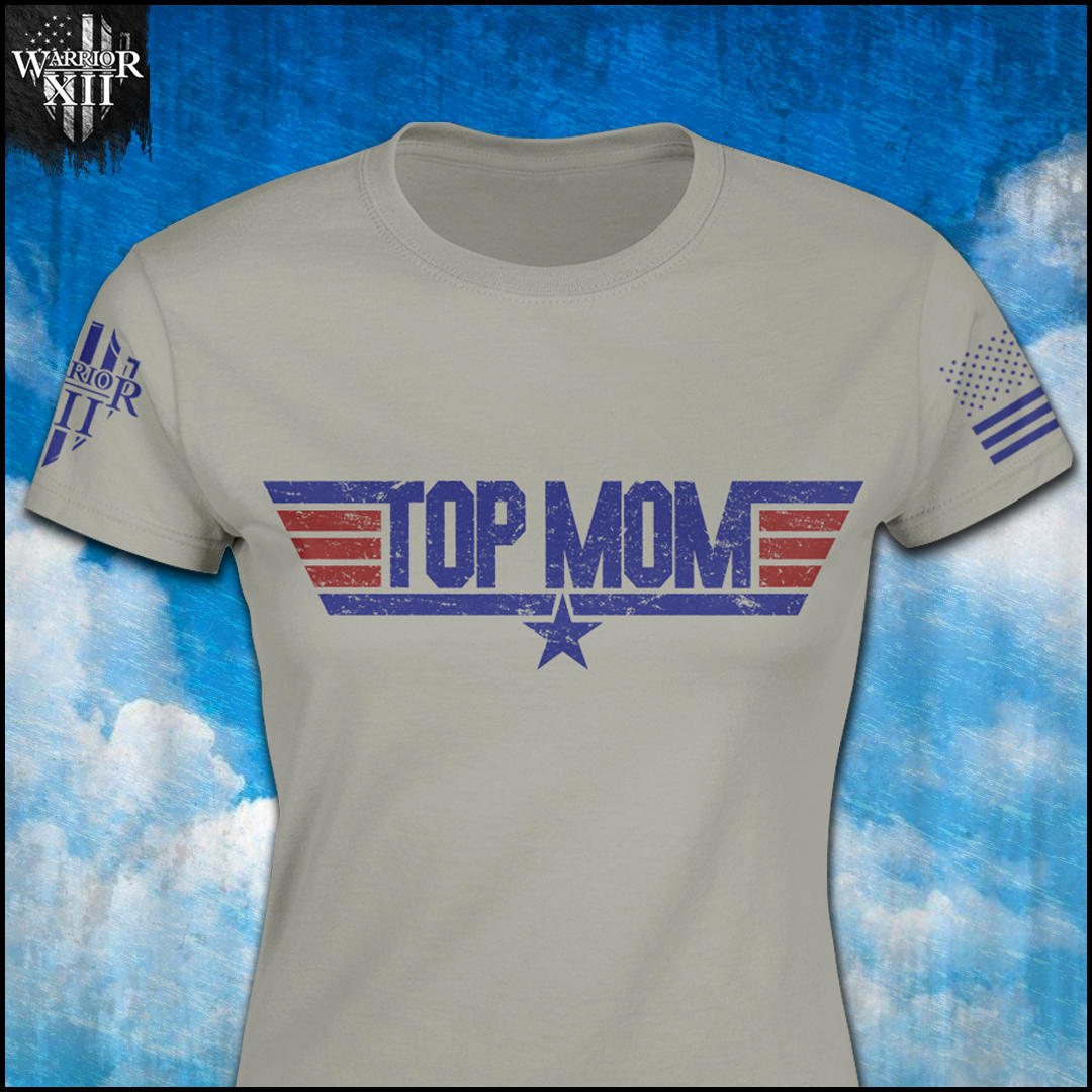 Front grey t-shirt with the main design, "Top Mom" printed.