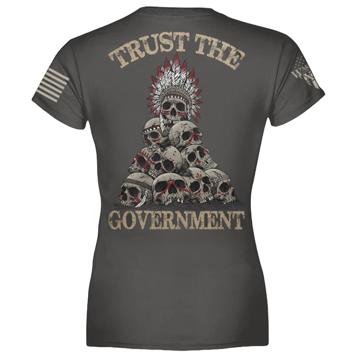 Front and back dark grey t-shirt with the words "Trust the government" printed on the shirt.