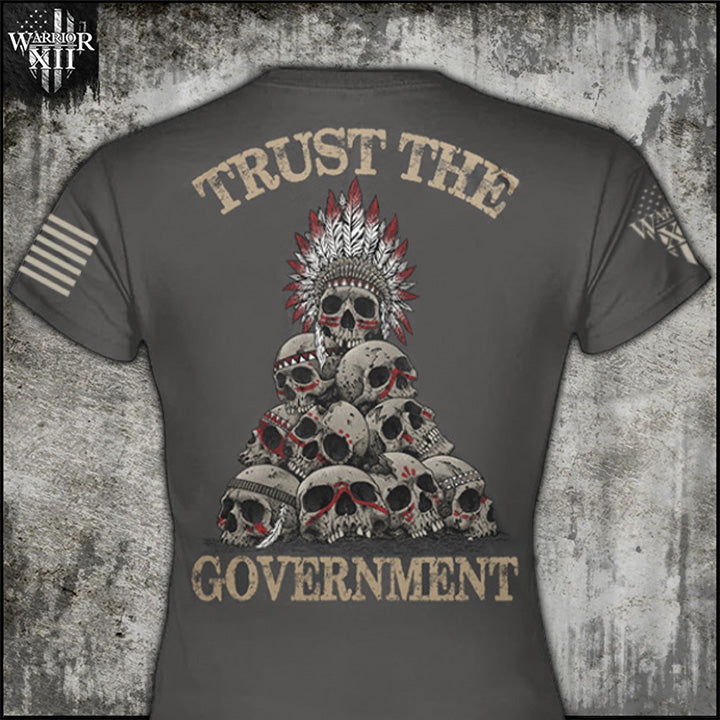 Front and back dark grey t-shirt with the words "Trust the government" printed on the shirt.