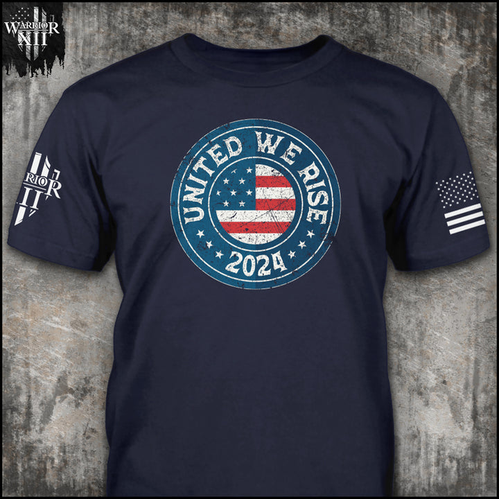 Front Navy blue t-shirt with the main design, "United We Rise 2024" printed.