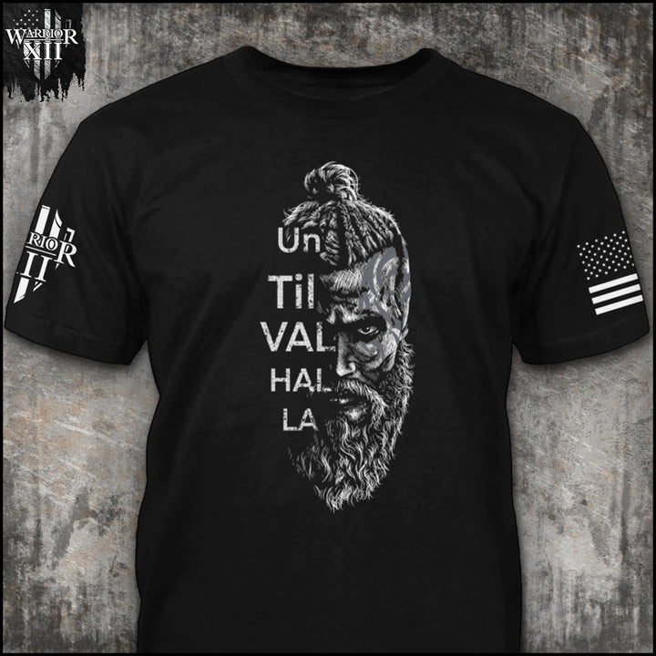 Front black t-shirt with the main design, "Until Valhalla with a viking staring" printed.