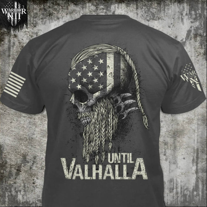 Front & back dark grey t-shirt with the words "Until Valhalla" and a side view of a viking printed on the shirt.