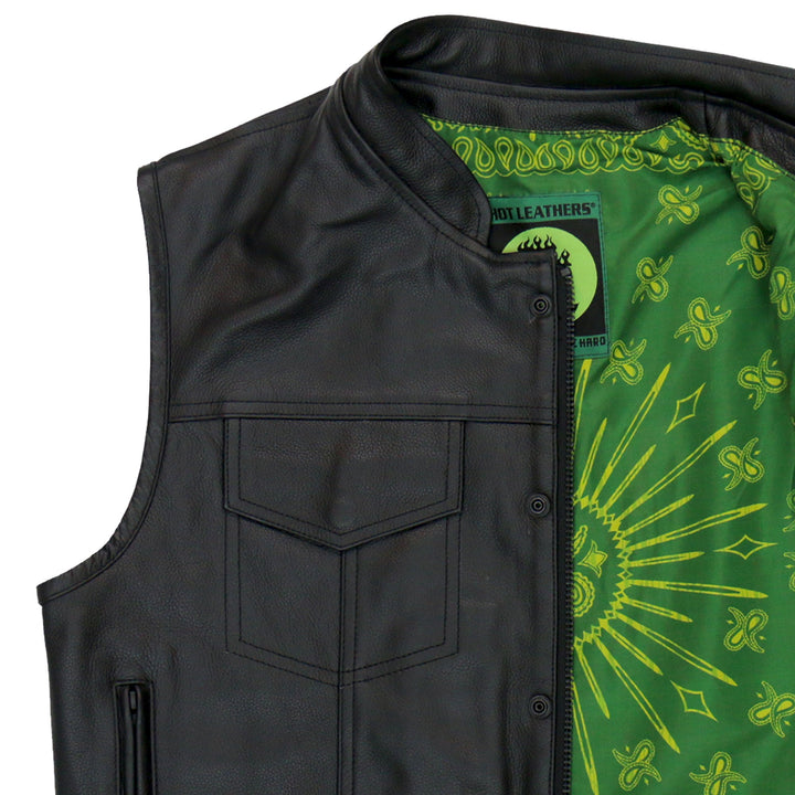 Hot Leathers VSM1050 Men?ÇÖs Black 'Paisley Green' Motorcycle Club style Conceal and Carry Leather Biker Vest