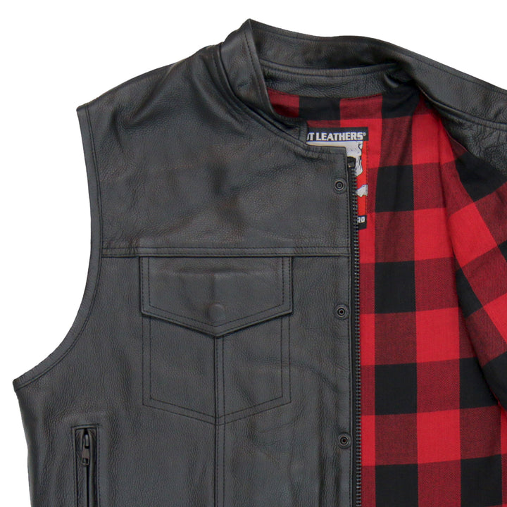 Hot Leathers VSM1060 Men's Black 'Flannel Red' Motorcycle Club Style Conceal and Carry Leather Biker Vest