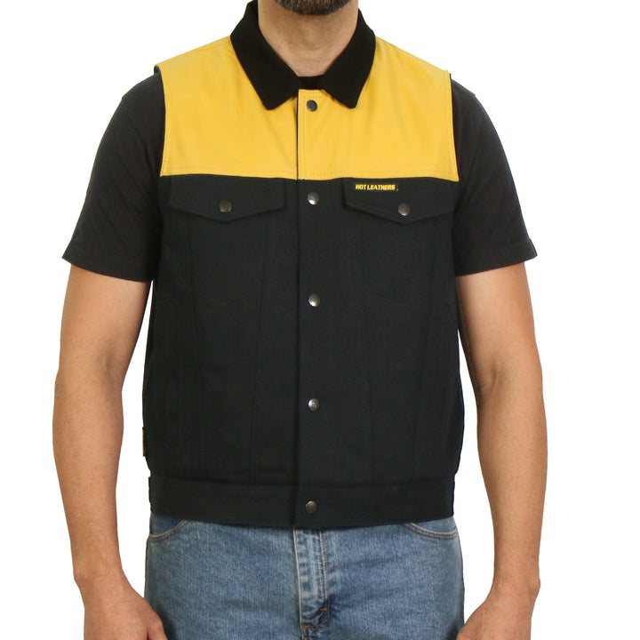 Hot Leathers Men?ÇÖs Black and Yellow Denim Conceal Carry Vest