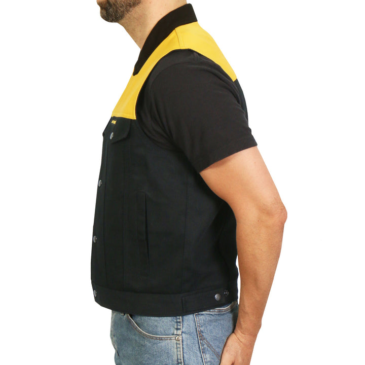 Hot Leathers Men?ÇÖs Black and Yellow Denim Conceal Carry Vest