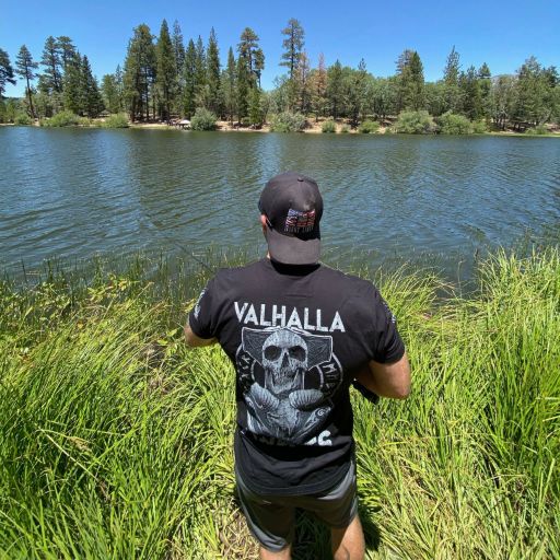 One of our loyal customers enjoying a day at the lake, wearing Valhalla Awaits.