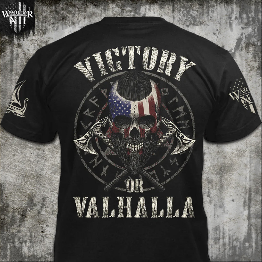 Front & back black t-shirt with the words "Victory Or Valhalla" printed on the American Viking shirt.