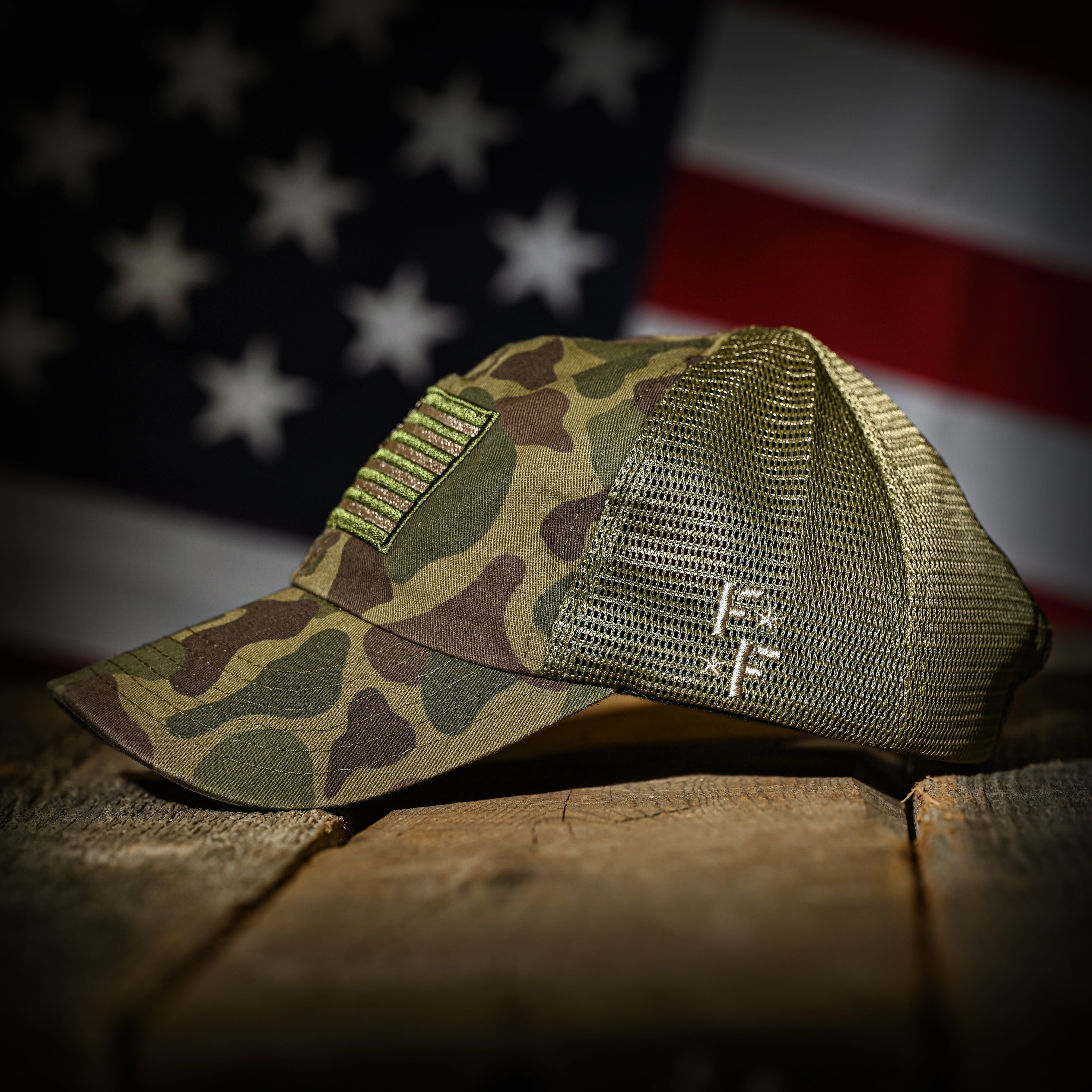 American Made Mesh Back Hat with Patch, Camo Flag