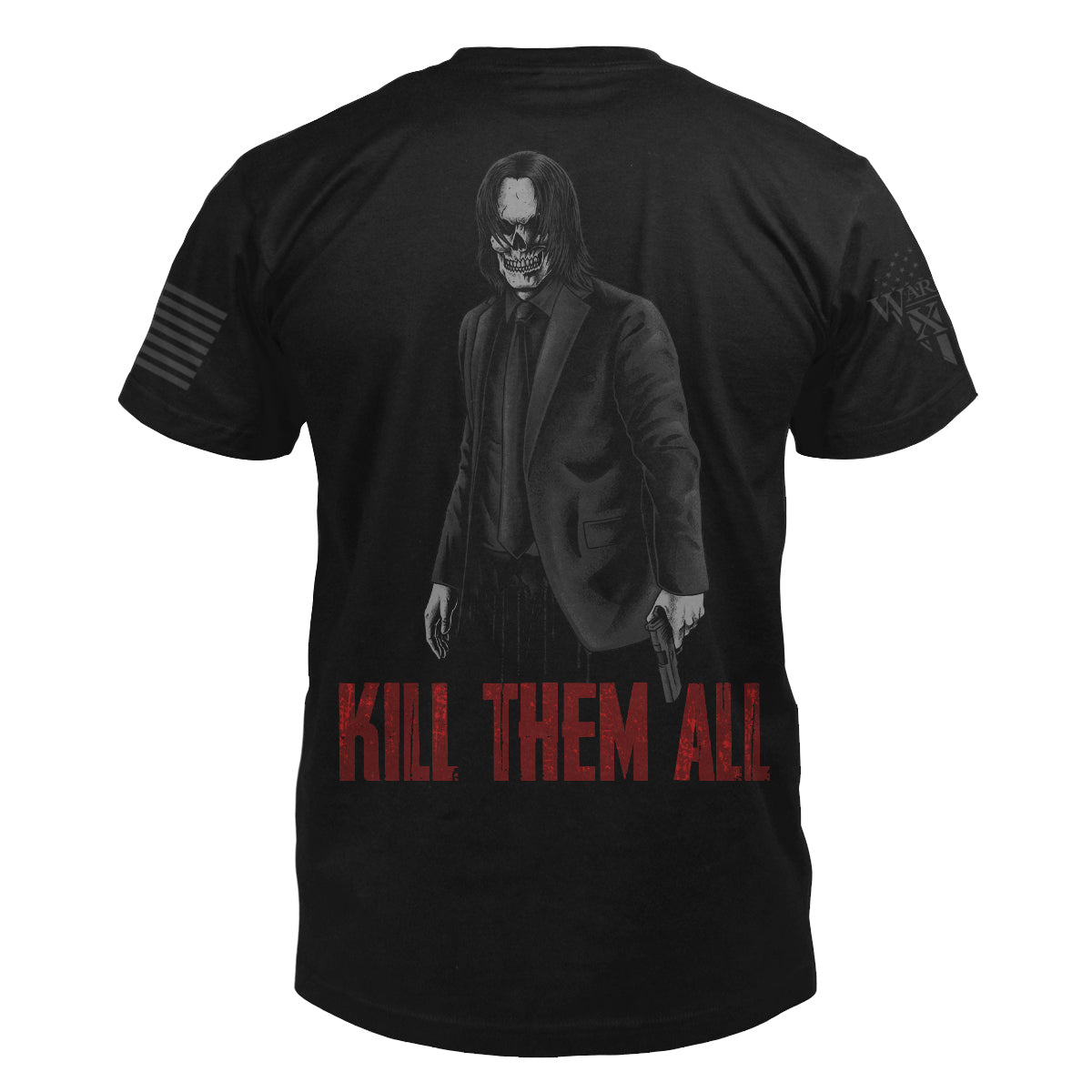 A black t-shirt with the image of a skeletal man in a suit holding a pistol with the words "Kill them All" on the back.