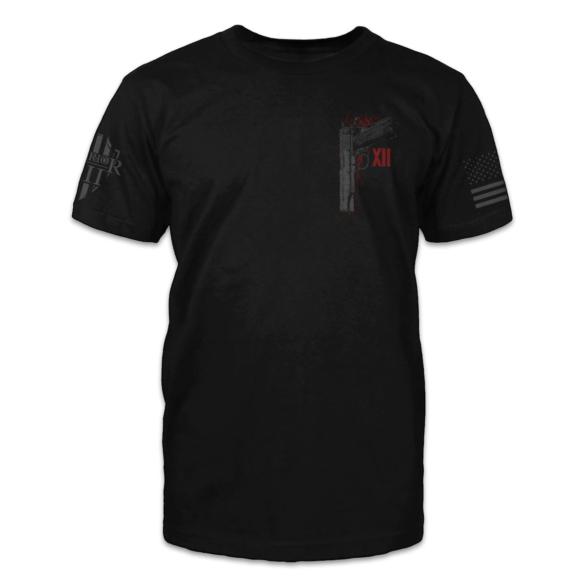 The front of a black t-shirt showing a small pocket image of a pistol.