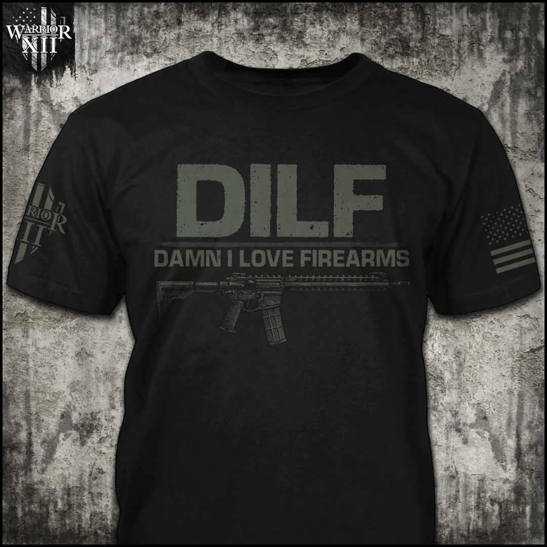 A black t-shirt which days "D I L F - Damn I love firearms" on the front