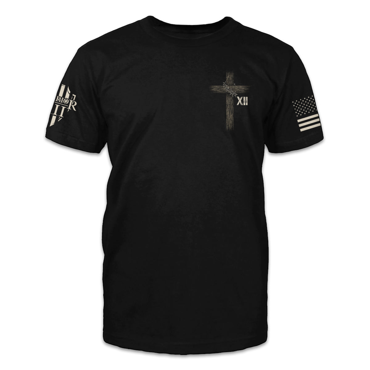 The front of a black t-shirt showing a small pocket image of a cross with a crown of thorns